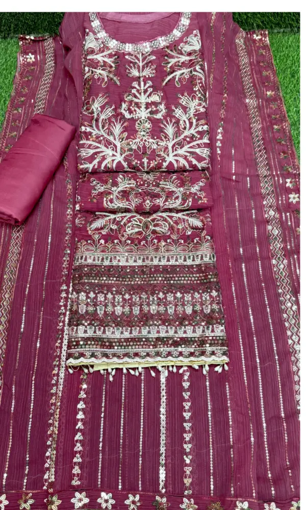 কারচুপি গলা-  ডিপ মেজেন্ডা কালার